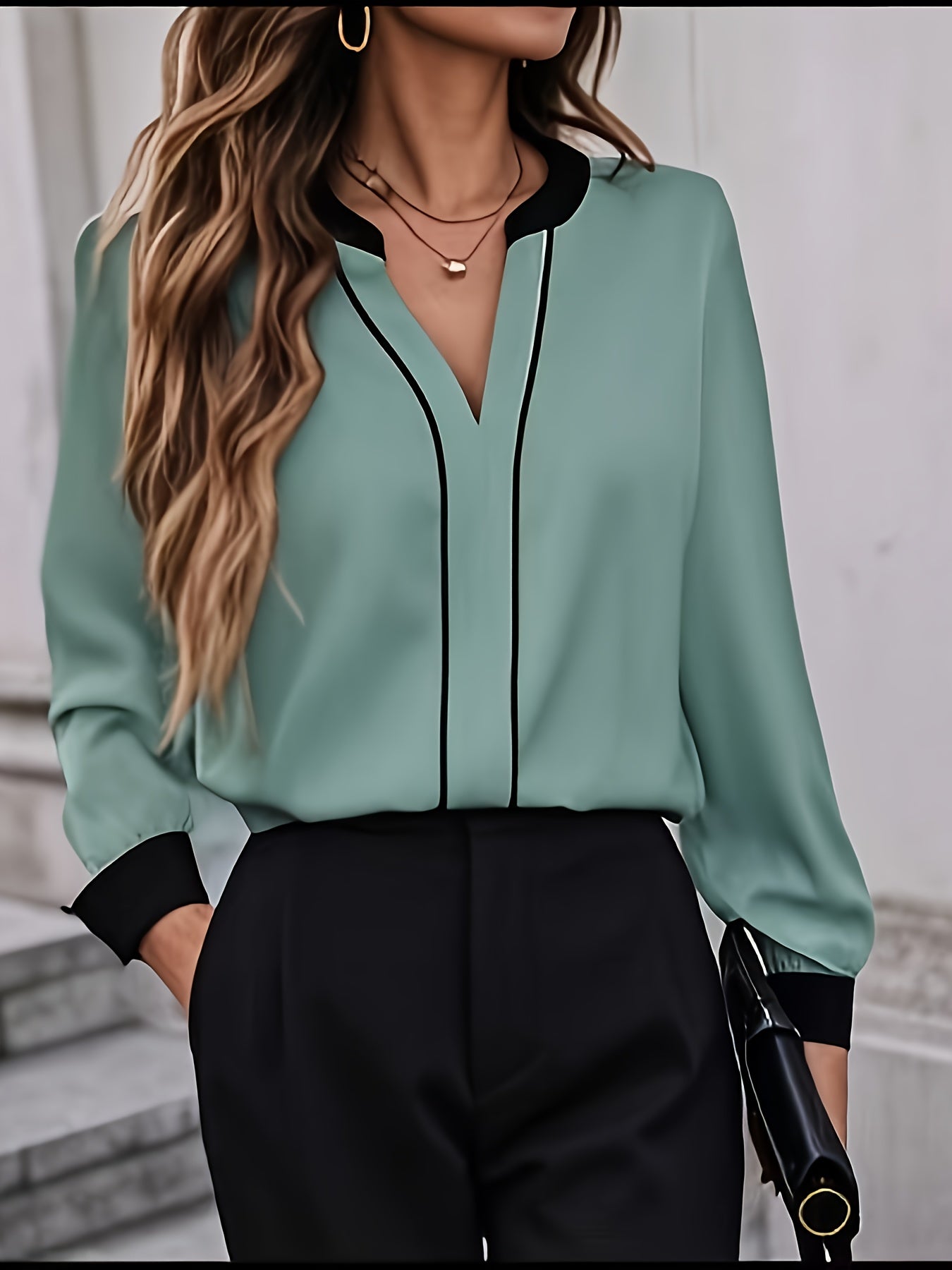 Women's Elegant Office Work Shirt, Color Block Cut-Out Collar Long Sleeve, Casual Fashion Two-Way Wear, Spring/Summer, Polyester, Solid Color, V-Neck, Adult, Woven Fabric